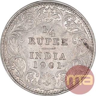 Silver Quarter Rupee Coin of Victoria Empress of Calcutta Mint of 1901. 