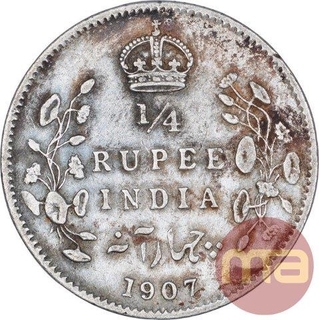 Silver Quarter Rupee Coin of King Edward VII of Calcutta Mint of 1907.