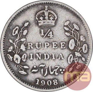 Silver Quarter Rupee Coin of King Edward VII of Calcutta Mint of 1908.