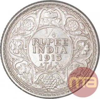 Silver Quarter Rupee Coin of King George V of Bombay Mint of 1913.