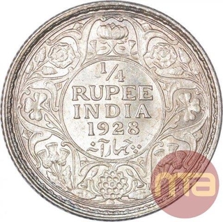 Silver Quarter Rupee Coin of King George V of Bombay Mint of 1928.