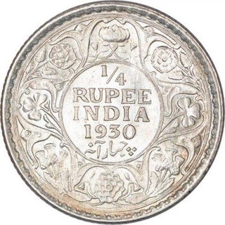 Silver Quarter Rupee Coin of King George V of Calcutta Mint of 1930.