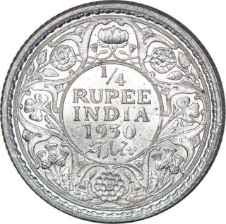 Silver Quarter Rupee Coin of King George V of Calcutta Mint of 1930.