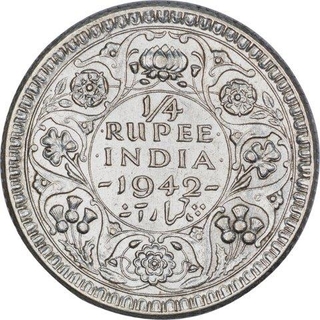 Silver Quarter Rupee Coin of King George VI of Calcutta Mint of 1942.