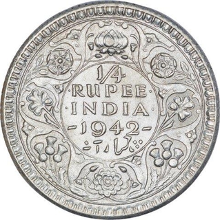 Silver Quarter Rupee Coin of King George VI of Calcutta Mint of 1942.