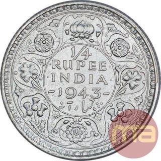 Silver Quarter Rupee Coin of King George VI of Calcutta Mint of 1943.