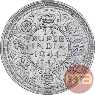 Silver Quarter Rupee Coin of King George VI of Lahore Mint 1944.