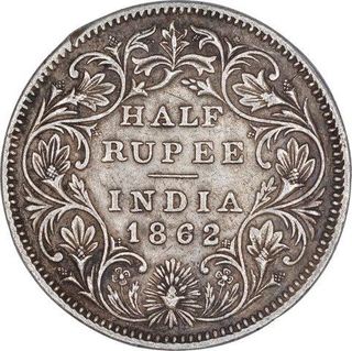 Silver Half Rupee Coin of Victoria Queen of Bombay Mint of 1862.