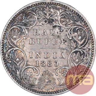 Silver Half Rupee Coin of Victoria Empress of Calcutta Mint of 1889.