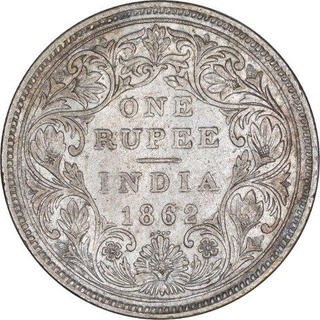 Silver One Rupee Coin of Victoria Queen of Bombay Mint of 1862.