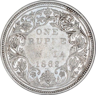 Silver One Rupee Coin of Victoria Queen of Bombay Mint of 1862.