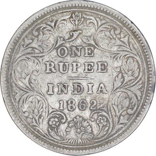 Silver One Rupee Coin of Victoria Queen of Bombay Mint of 1862.