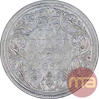 Silver One Rupee Coin of Victoria Queen of Bombay Mint of 1862.