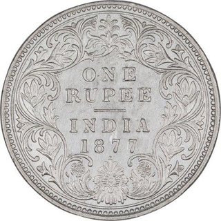 Silver One Rupee Coin of Victoria Empress of Bombay Mint of 1877.