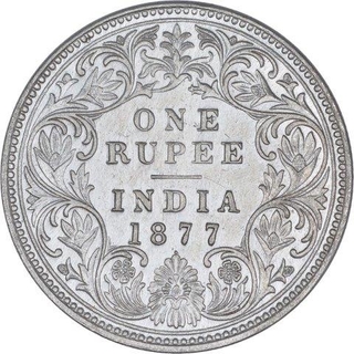 Silver One Rupee Coin of Victoria Empress of Bombay Mint of 1877.