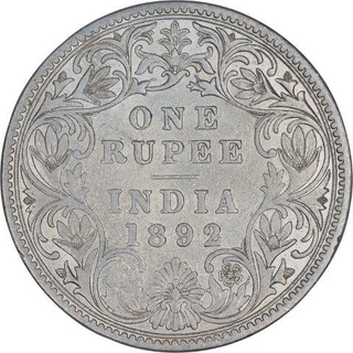 Silver One Rupee Coin of Victoria Empress of Bombay Mint of 1892.