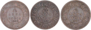 Copper One Twelfth Anna Coins of Victoria Empress of Different Mints of Different Years.