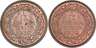 Bronze One Twelfth Anna Coins of King George VI of Bombay Mint of 1939.