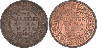 Bronze One Quarter Anna Coins of King George VI of Calcutta Mint of 1940. 