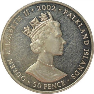 Cupro Nickel Fifty Pence Coin of Queen Elizabeth II of Falkland Islands of United Kingdom  of 2002.