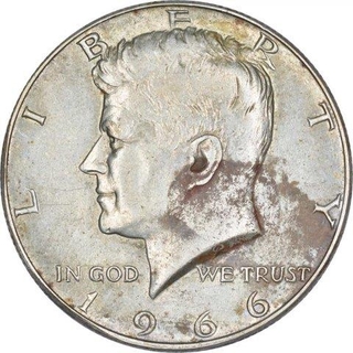 Silver Half Dollar Coin of John F Kennedy of United State of 1966.