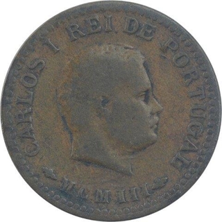 Bronze One Eighth Tanga Coin of Carlos I of Portuguese Administration of Indo Portuguese.