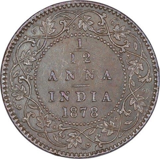 Copper One Twelfth Anna Coin of Victoria Empress of Calcutta Mint of 1878.