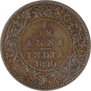 Copper One Twelfth Anna Coin of Victoria Empress of Calcutta Mint of 1890.