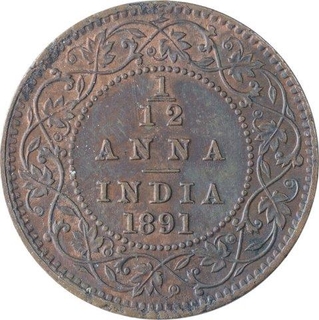 Copper One Twelfth Anna Coin of Victoria Empress of Calcutta Mint of 1891.