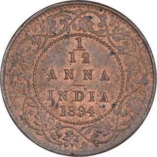 Copper One Twelfth Anna Coin of Victoria Empress of Calcutta Mint of 1894.