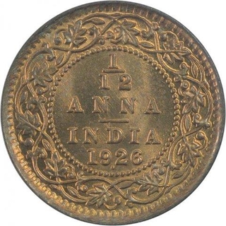 Bronze One Twelfth Anna Coin of King George V of Bombay of 1926.