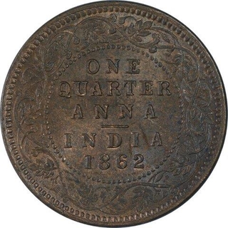 Copper One Quarter Anna Coin of Victoria Queen of 1862.