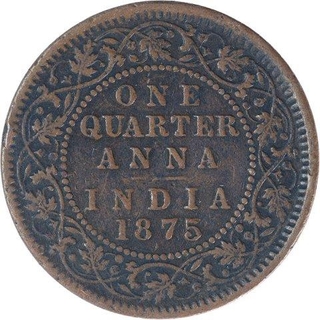 Copper One Quarter Anna Coin of Victoria Queen of Calcutta Mint of  1875.