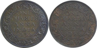 Bronze One Quarter Anna Coins of King George VI of Different Mint of 1939 and 1940.