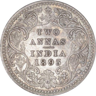 Silver Two Annas Coin of Victoria Empress of Calcutta Mint of 1893.