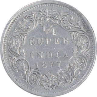 Silver Quarter Rupee Coin of Victoria Empress of Bombay Mint of 1877. 