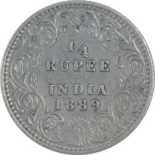 Silver Quarter Rupee Coin of Victoria Empress of Bombay Mint of 1889.