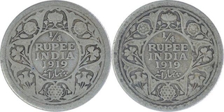 Silver One Quarter Rupee Coins of King George V of 1919.