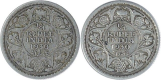 Silver One Quarter Rupee Coins of King George V of Calcutta Mint of 1930.