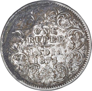 Silver One Rupee Coin of Victoria Queen of Calcutta Mint of 1874.