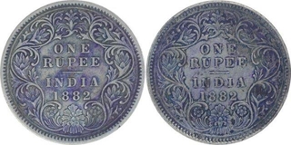 Silver One Rupee Coins of Victoria Empress of Calcutta Mint of 1882.