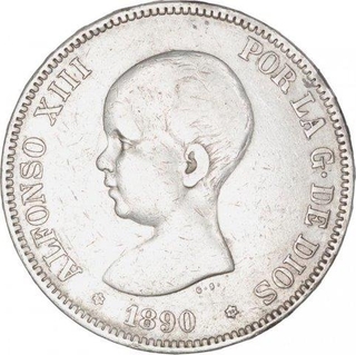 Silver Five Pesetas Coin of Alfonso XIII of Spain.