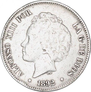 Silver Five Pesetas Coin of Alfonso XIII of Spain.