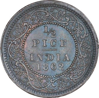 Error Copper Half Pice Coin of Victoria Queen of Calcutta Mint of 1862.