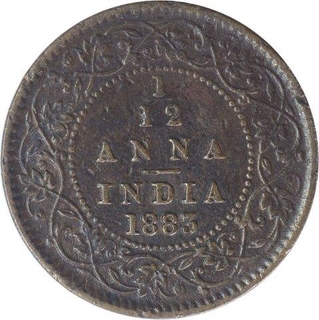 Copper One Twelth Anna Coin of Victoria Empress of Calcutta Mint of 1883.