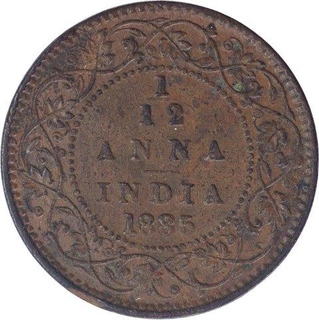 Copper One Twelfth Anna Coin of Victoria Empress of Calcutta Mint of 1885.