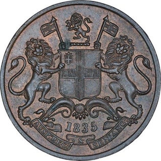 Copper One Quarter Anna Coin of East India Company of Bombay Mint of 1835.