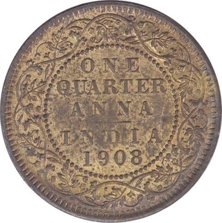 Bronze  One Quarter Anna Coin of  King Edward VII of Calcutta Mint of 1908.