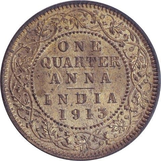 Copper One Quarter Anna Coin of King George V of Calcutta Mint of 1913.