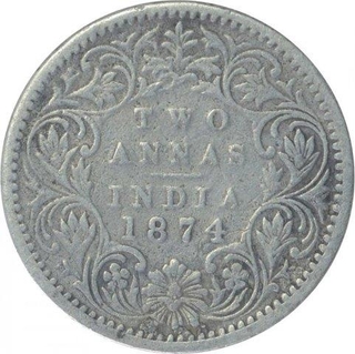 Silver Two Annas Coin of Victoria Queen of Bombay Mint of 1874.